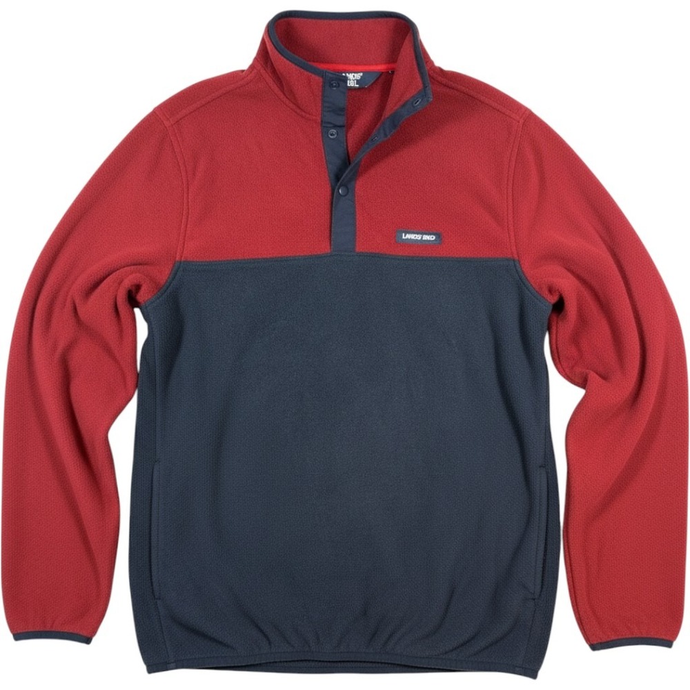 Lands End Mens Fleece Pullover Red Navy Colorblock Snap Neck Mock Neck Size M